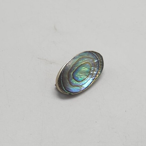 Vintage Oval Abalone Shell Brooch Pin With Silver Backing Unique Iridescent - Picture 2 of 4